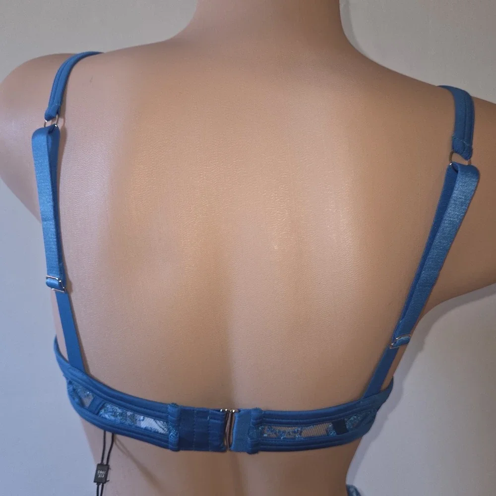 Cosabella Sardegna Embroidered Ouvert Bra & Garter Belt Set Paisley Blue NWT